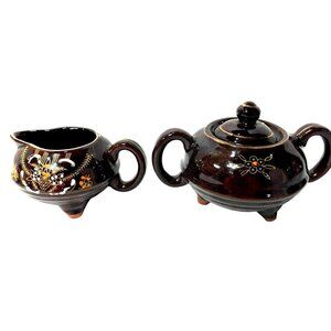 Brown Betty Cream & Sugar Handpainted Made in Japan Moriage Vintage Red Clay
